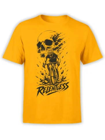 Yellow cycling T-shirt with black cyclist riding through rocks beneath a large skull and RELENTLESS text