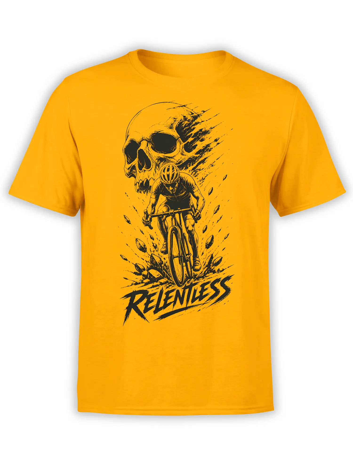 Yellow cycling T-shirt with black cyclist riding through rocks beneath a large skull and RELENTLESS text