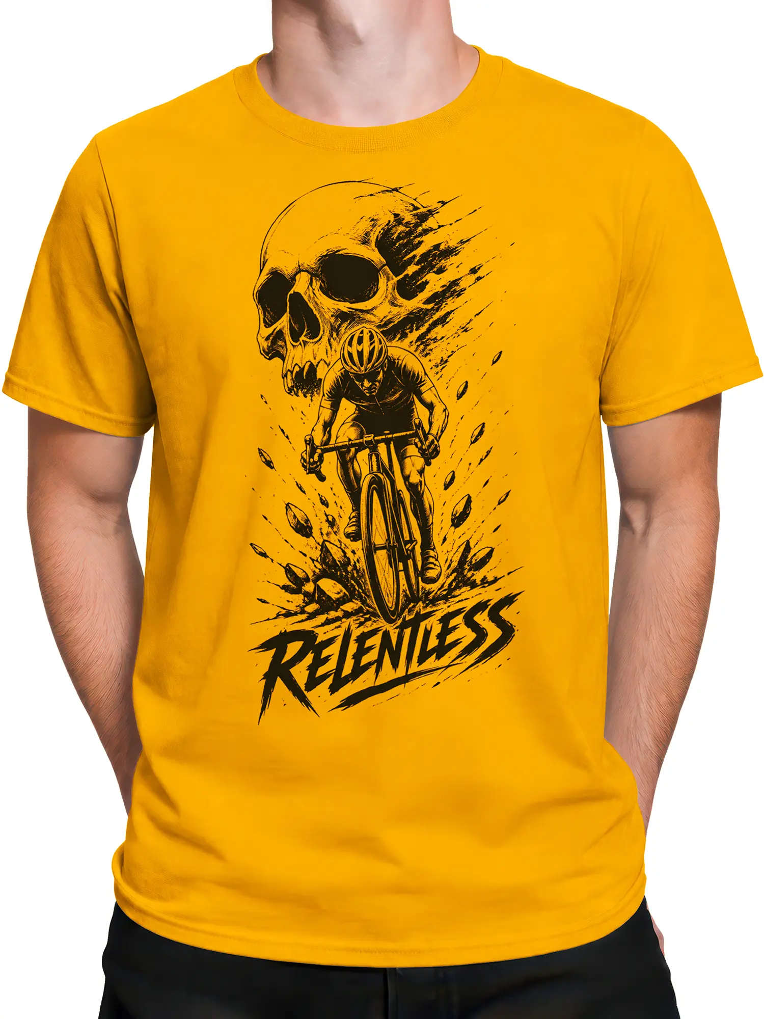 Male torso wearing a yellow cycling T-shirt with black skull cyclist artwork and RELENTLESS text