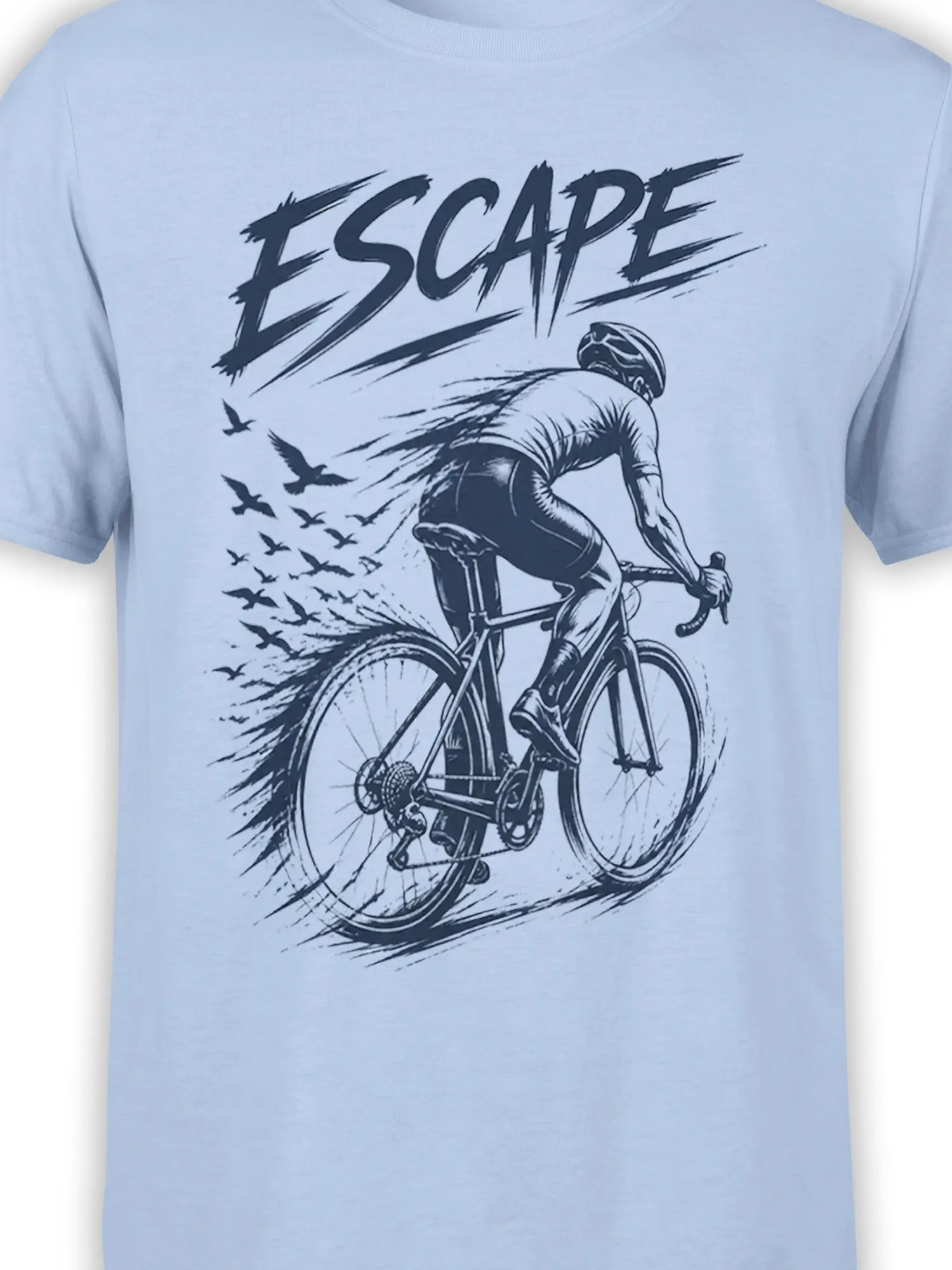 Close-up of vintage cyclist and bicycle artwork with ESCAPE lettering on a light blue T-shirt