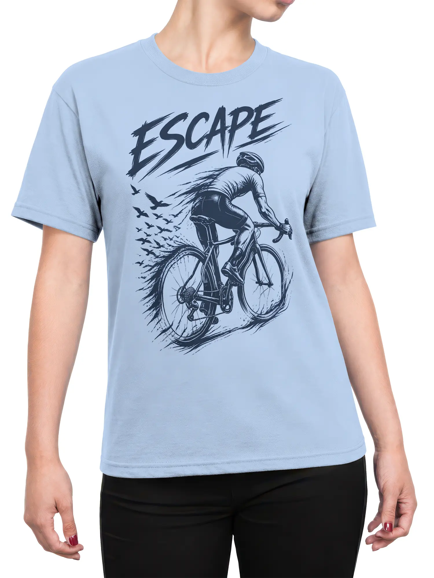 Female torso wearing a light blue cycling T-shirt with cyclist, bicycle, birds, and ESCAPE design