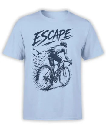 Light blue cycling T-shirt with vintage cyclist, bicycle, flying birds, and bold ESCAPE lettering