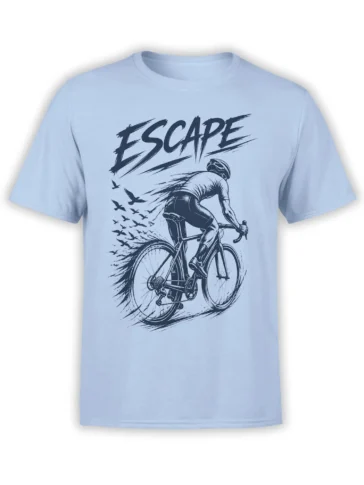 Light blue cycling T-shirt with vintage cyclist, bicycle, flying birds, and bold ESCAPE lettering