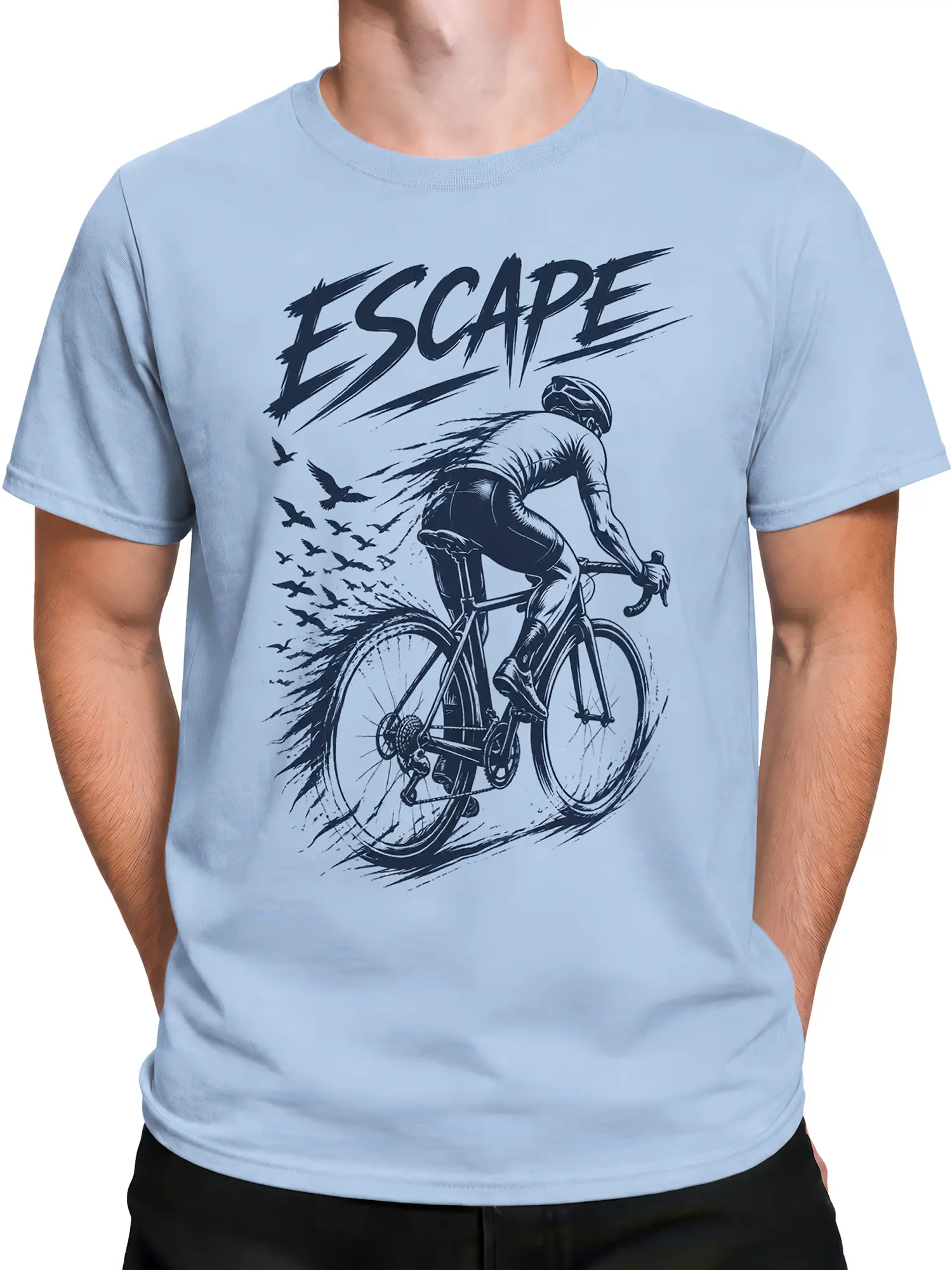 Male torso wearing a light blue vintage cycling T-shirt with cyclist and ESCAPE artwork