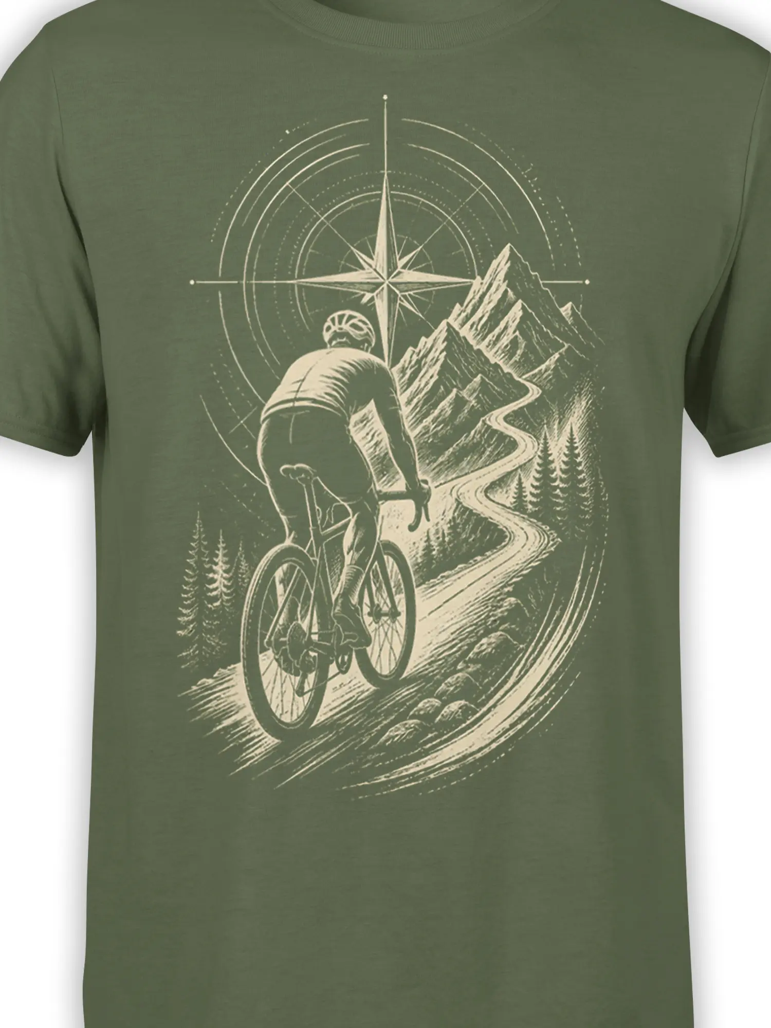 Close-up of cyclist, compass, winding road, and mountain artwork on an olive green T-shirt