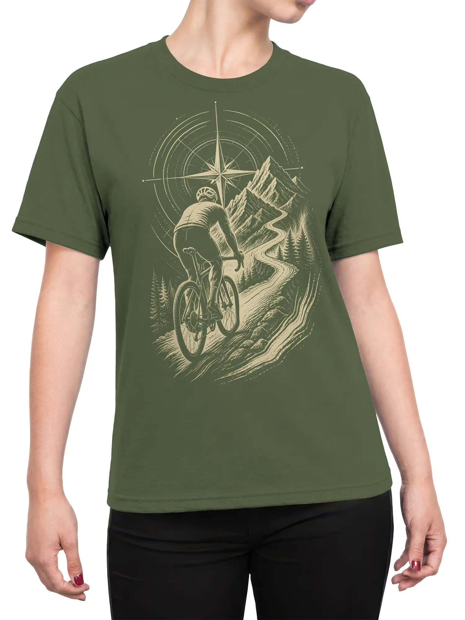 Female torso wearing an olive green T-shirt with vintage cyclist and mountain compass artwork