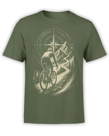Vintage cyclist riding toward mountains and a compass star on an olive green cycling T-shirt
