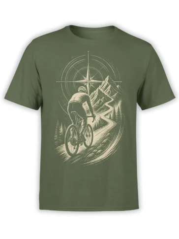 Vintage cyclist riding toward mountains and a compass star on an olive green cycling T-shirt