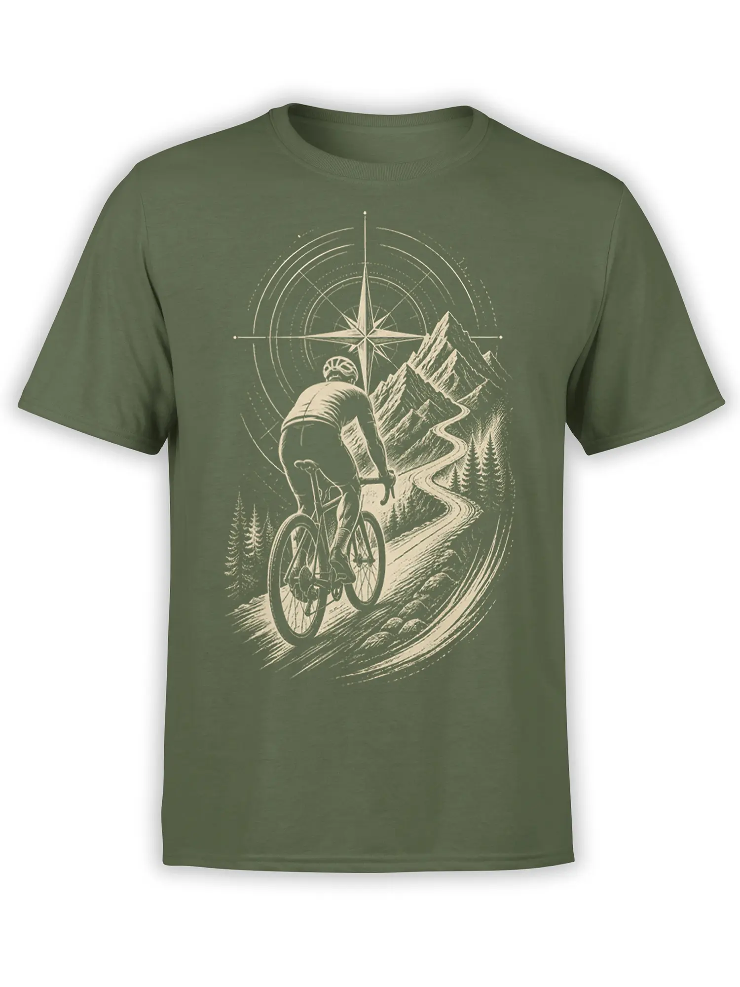 Vintage cyclist riding toward mountains and a compass star on an olive green cycling T-shirt