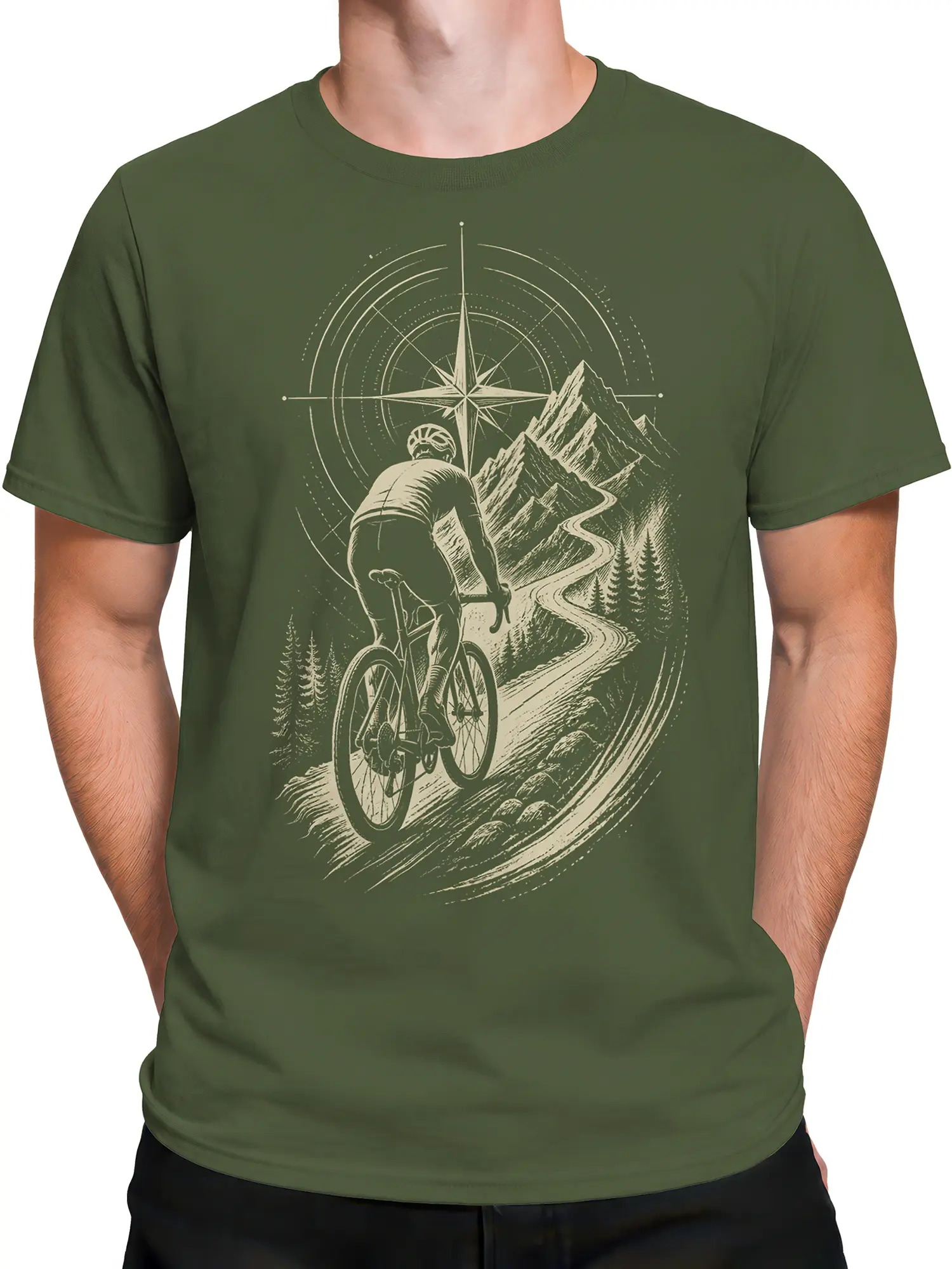 Male torso wearing an olive green T-shirt with cyclist, compass, and mountain road artwork