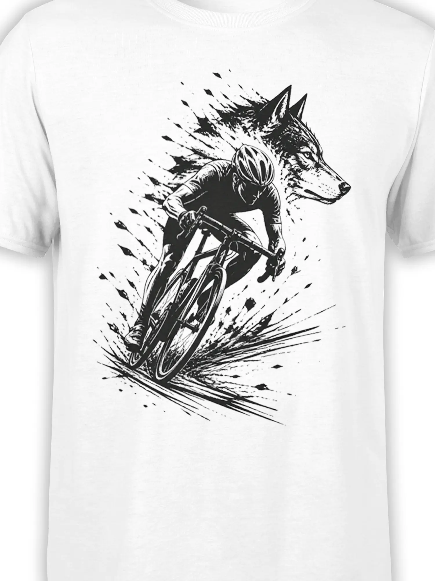 Close-up of the black wolf cyclist and bicycle artwork printed on a white T-shirt