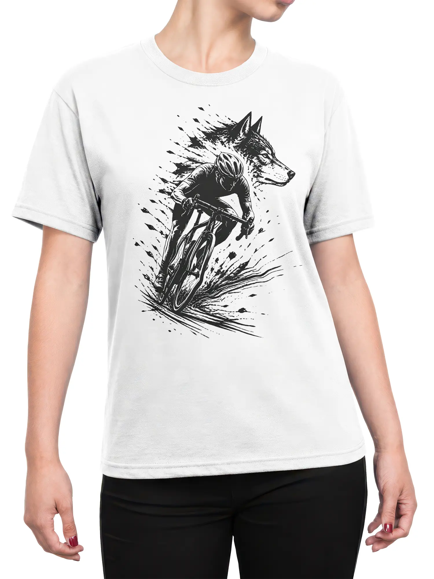 Female torso wearing a white T-shirt with a bold black wolf cyclist and bicycle graphic