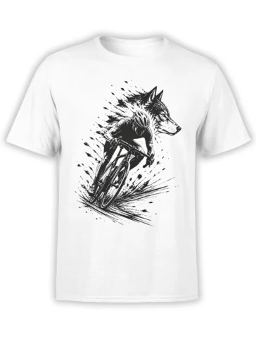 White T-shirt with a black wolf-headed cyclist riding a bicycle through dramatic ink-splash lines