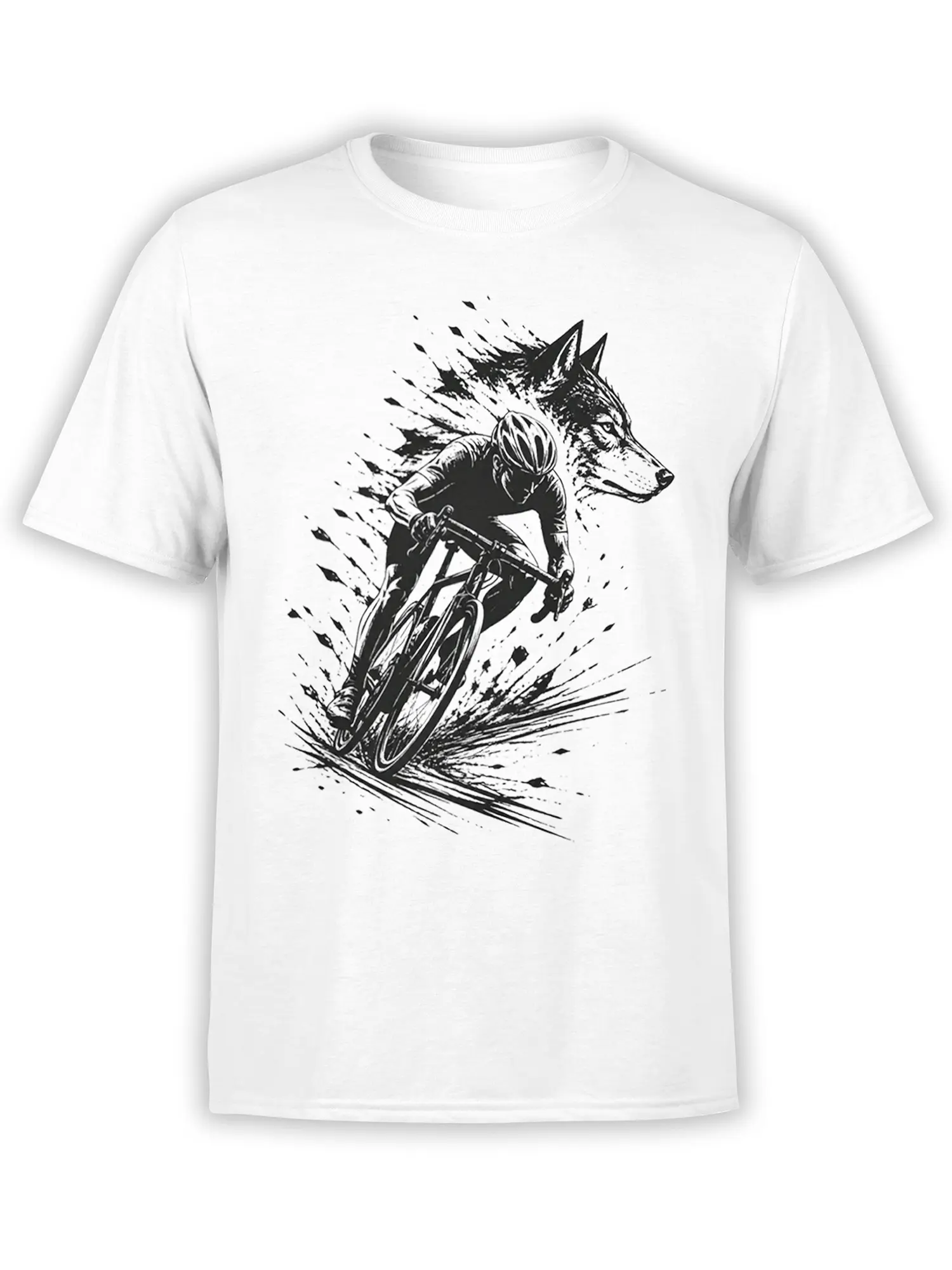 White T-shirt with a black wolf-headed cyclist riding a bicycle through dramatic ink-splash lines