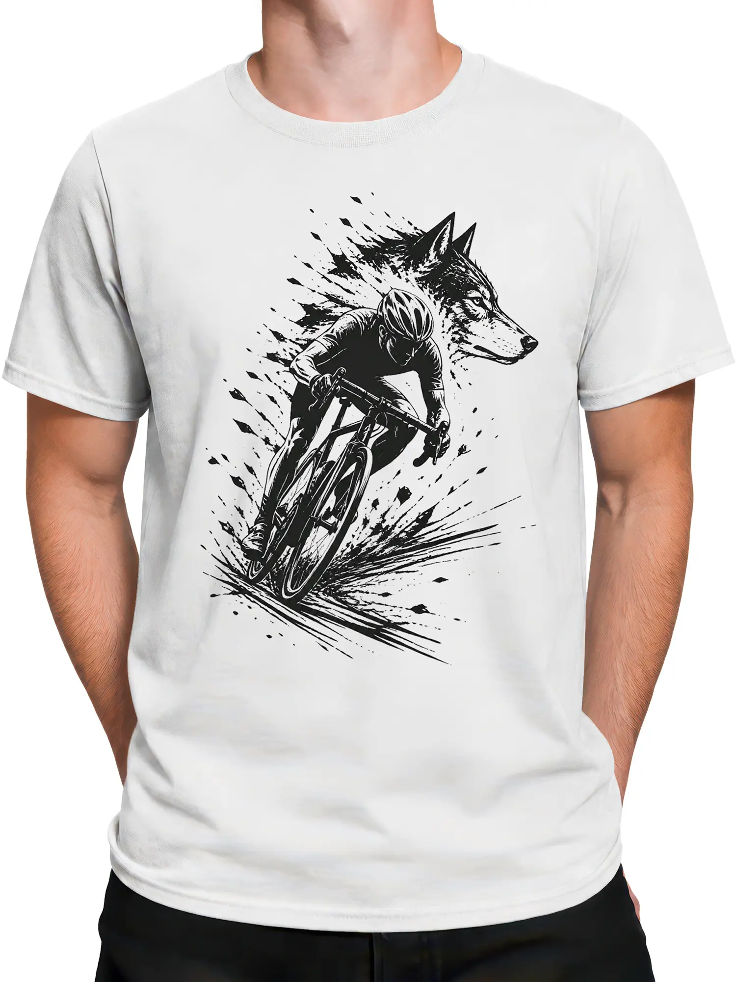 Male torso wearing a white T-shirt with a black wolf-headed cyclist graphic