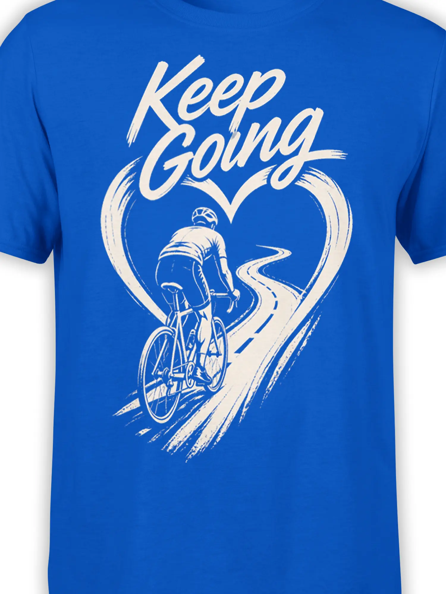 Close-up of blue cycling shirt artwork showing the rider, winding heart-shaped road, and Keep Going message