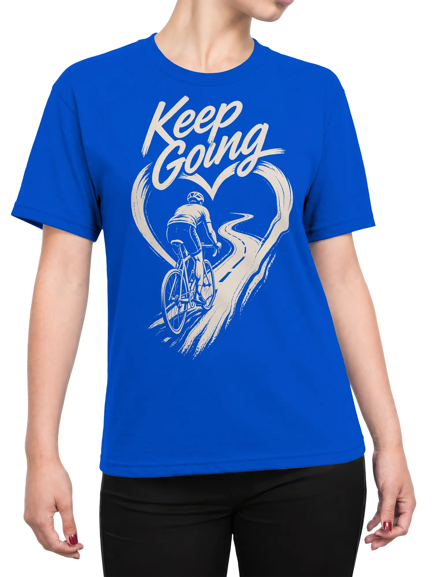 Female torso wearing a blue cycling T-shirt with a white cyclist and heart-shaped road illustration
