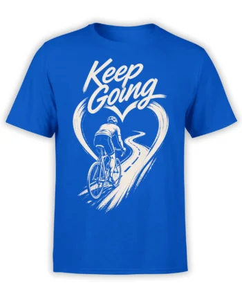Blue cycling T-shirt with white Keep Going lettering, a cyclist, and a heart-shaped winding road design