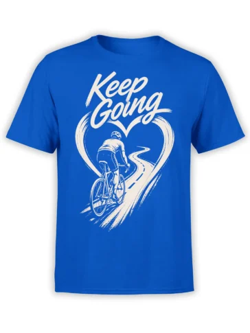 Blue cycling T-shirt with white Keep Going lettering, a cyclist, and a heart-shaped winding road design