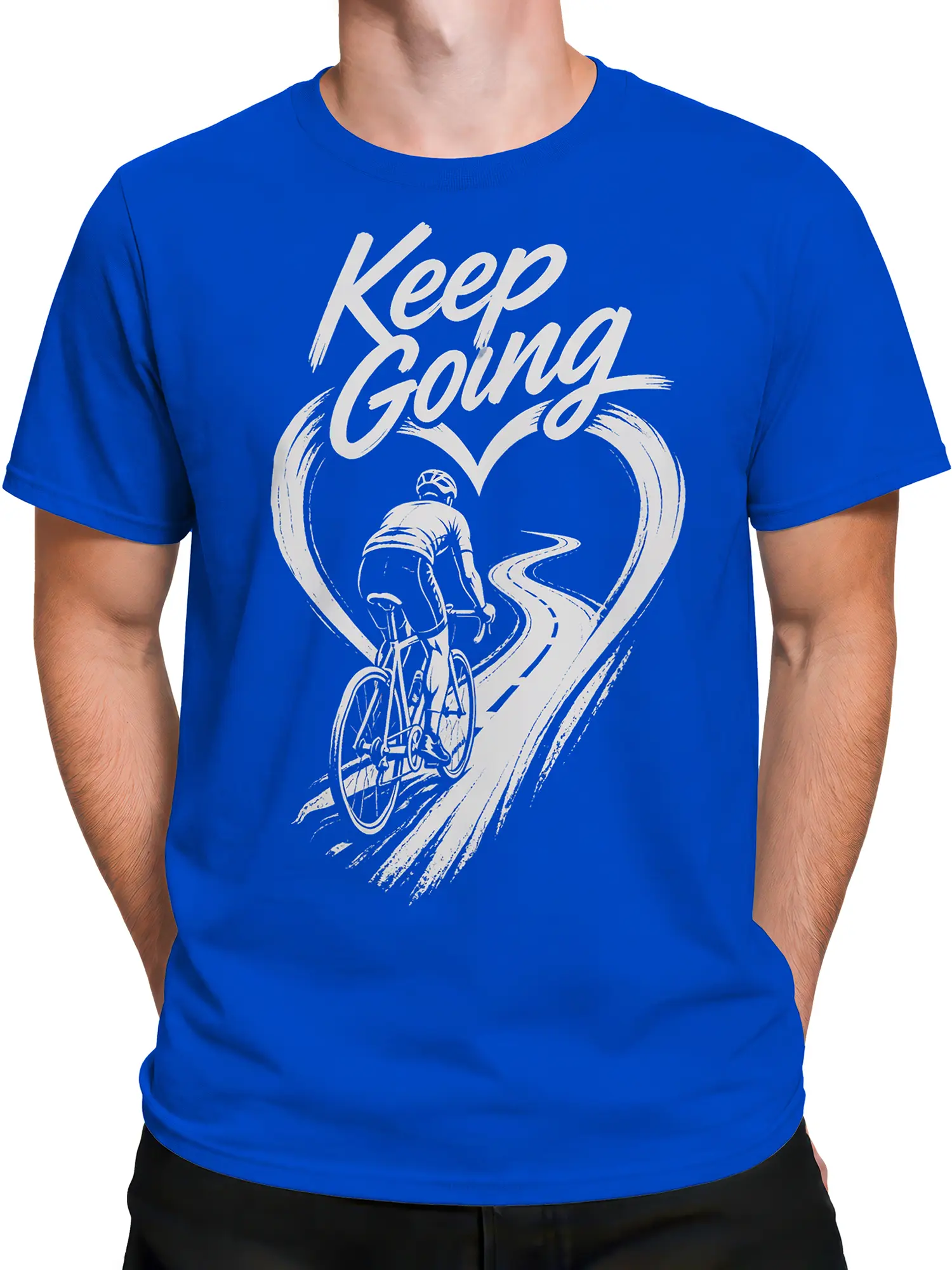 Male torso wearing a blue cycling T-shirt with white Keep Going cyclist artwork