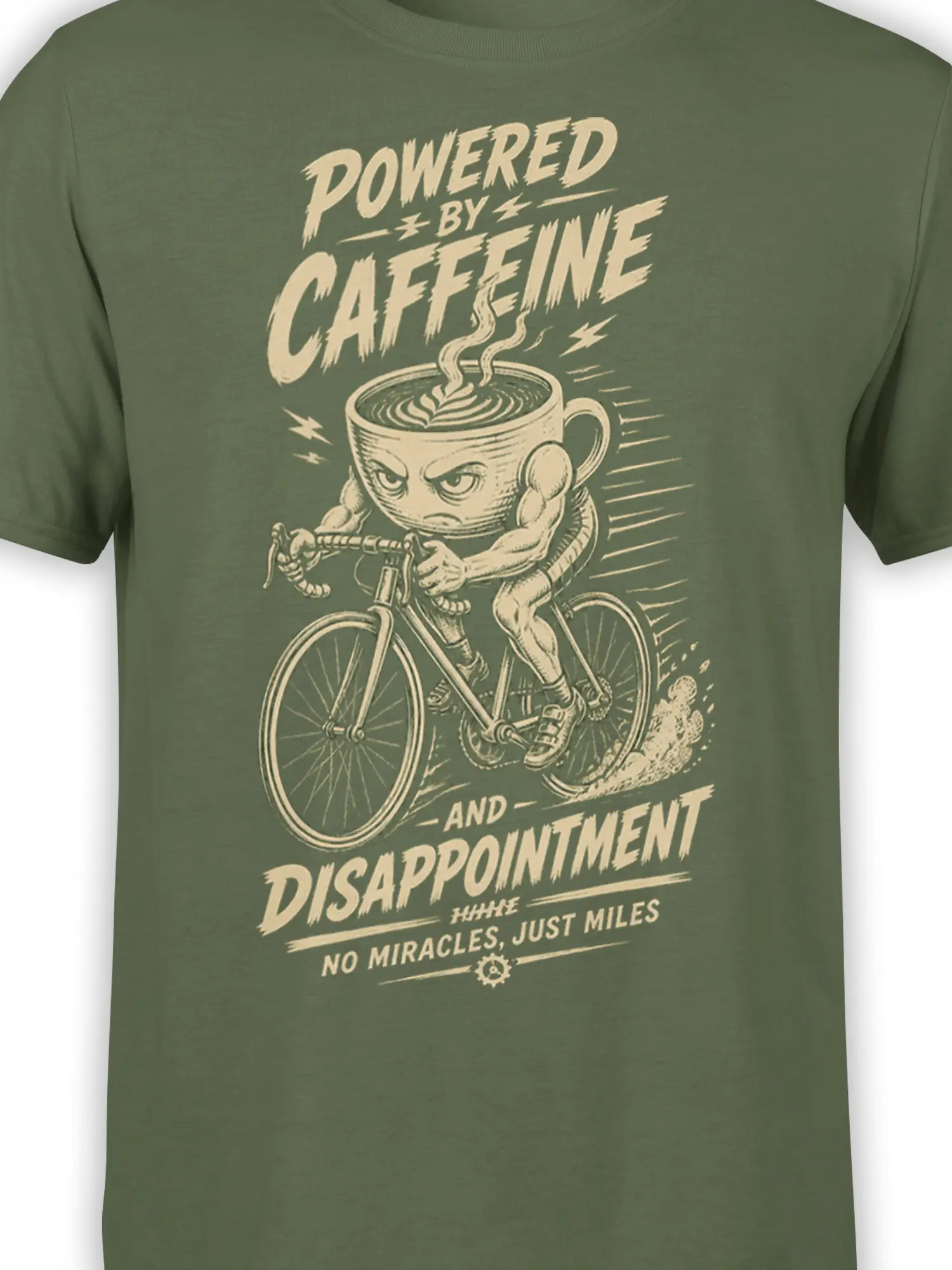 Close-up of steaming coffee cup cyclist artwork and caffeine lettering on a green graphic T-shirt