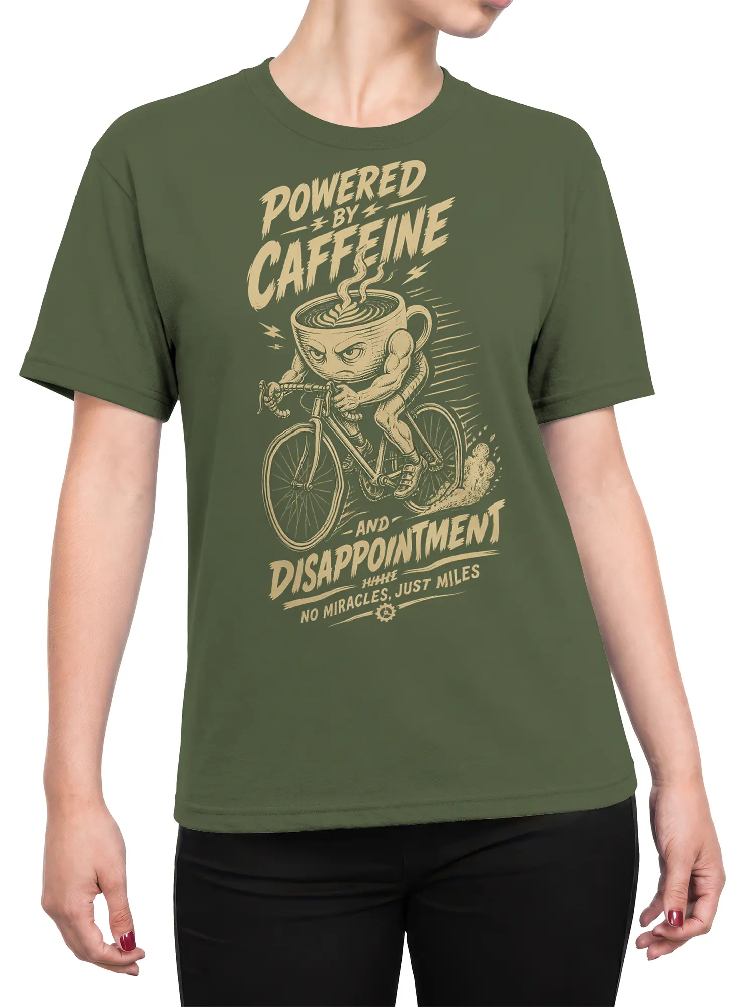 Female torso wearing a green coffee cycling T-shirt with a vintage bicycle-riding cup graphic