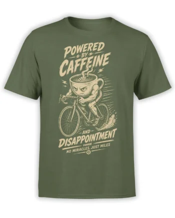 Green coffee cycling T-shirt with a steaming cup riding a bicycle and bold caffeine-themed vintage lettering