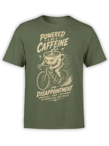 Green coffee cycling T-shirt with a steaming cup riding a bicycle and bold caffeine-themed vintage lettering