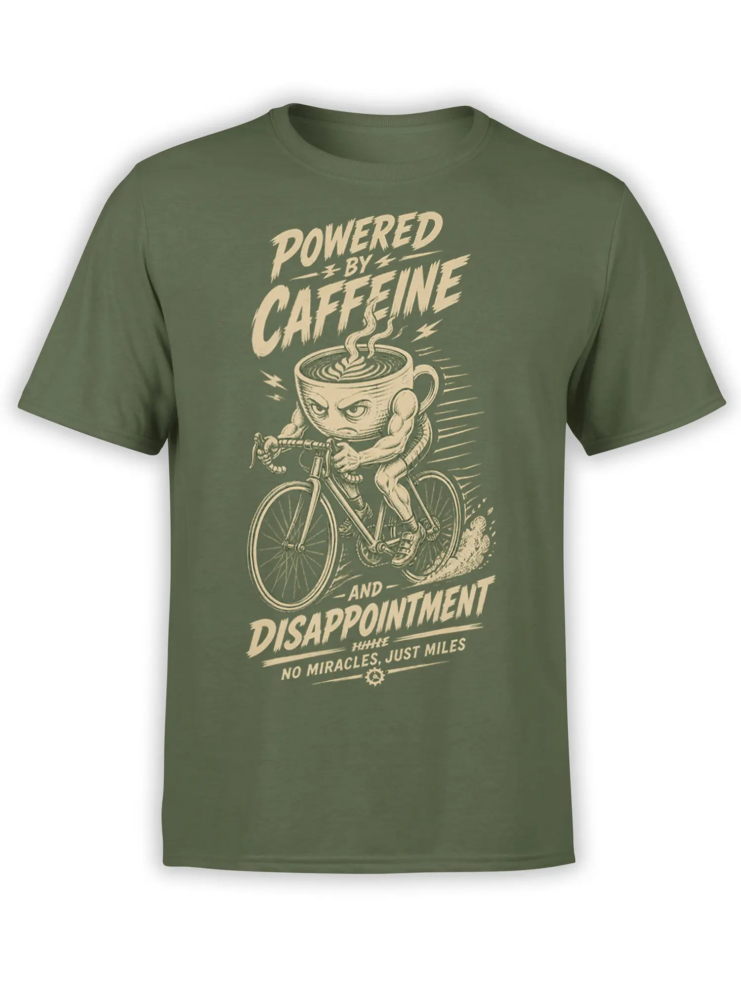 Green coffee cycling T-shirt with a steaming cup riding a bicycle and bold caffeine-themed vintage lettering