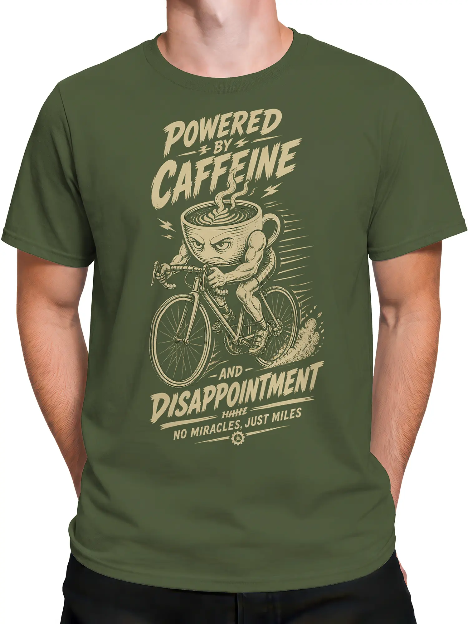 Male torso wearing a green coffee cycling T-shirt with a steaming cup bicycle illustration