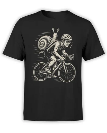 Black cycling T-shirt with vintage cyclist carrying a large snail and spiral shell on his back