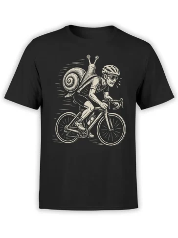 Black cycling T-shirt with vintage cyclist carrying a large snail and spiral shell on his back