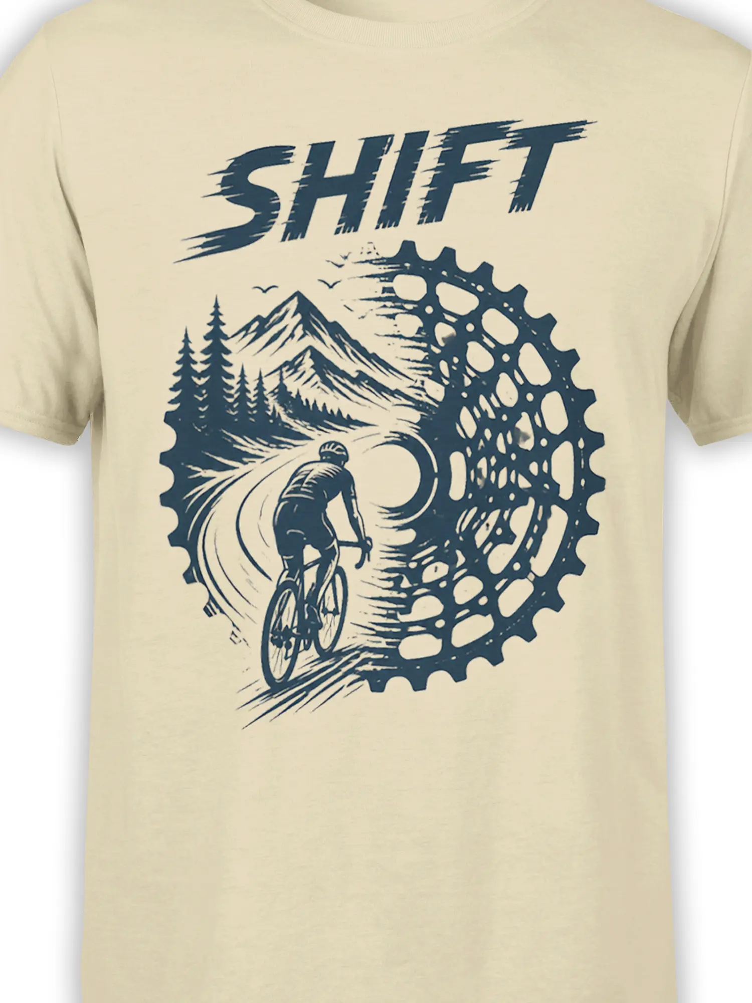 Close-up of dark blue cyclist, mountains, pine trees, gear wheel, and SHFT design on beige fabric