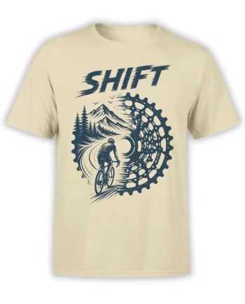 Beige cycling T-shirt with dark blue cyclist, mountain trail, pine trees, gear wheel, and SHFT lettering