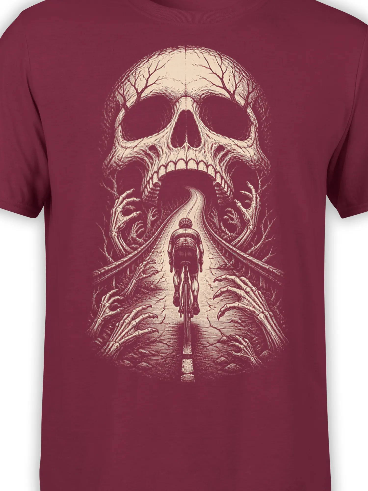 Close-up of the cream skull biker artwork and motorcycle rider printed on a burgundy T-shirt