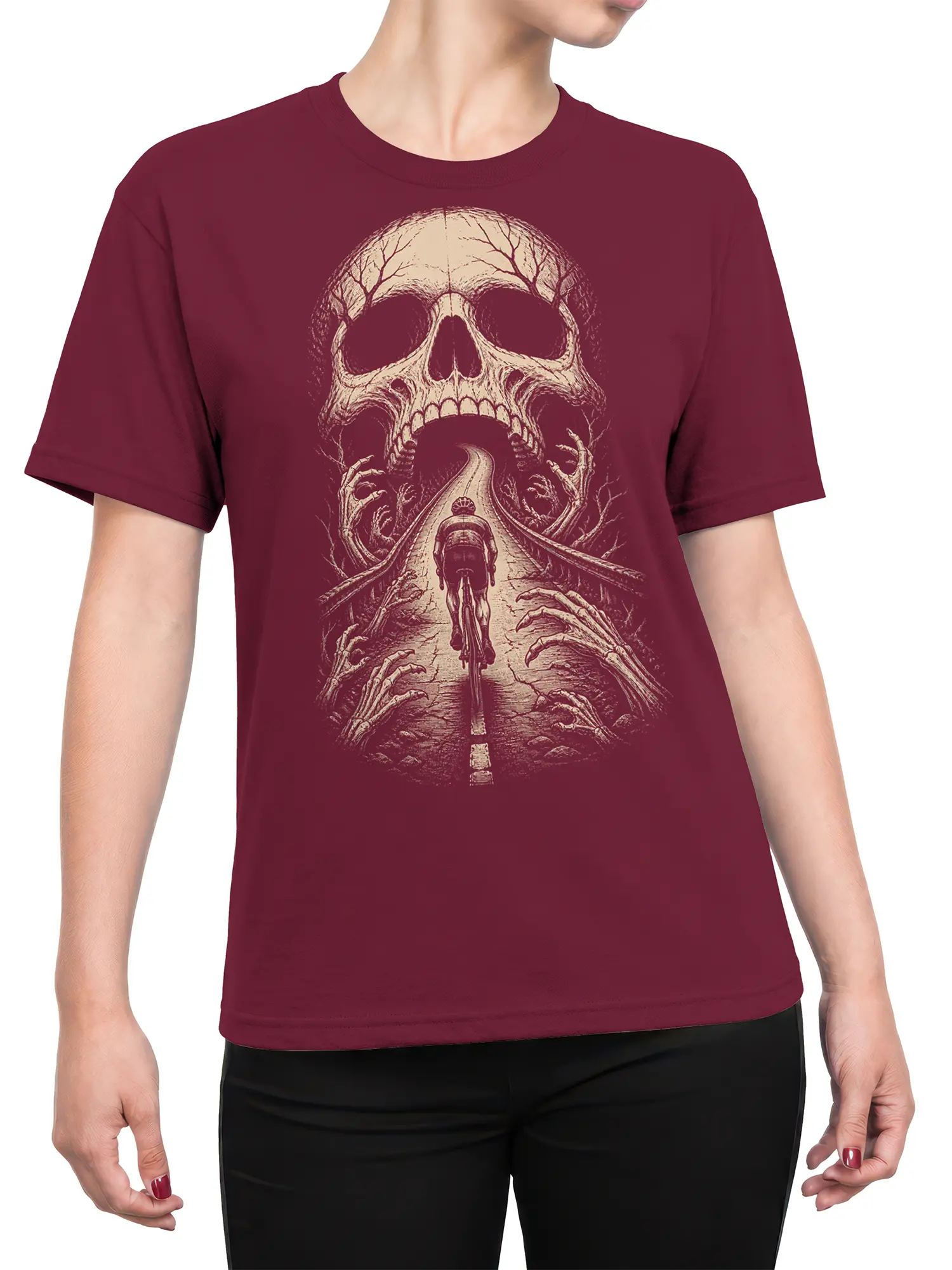 Female torso wearing a burgundy skull biker T-shirt with a giant skull and skeletal hands design