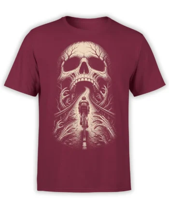 Burgundy skull biker T-shirt with a motorcycle rider heading toward a giant skull and skeletal hands