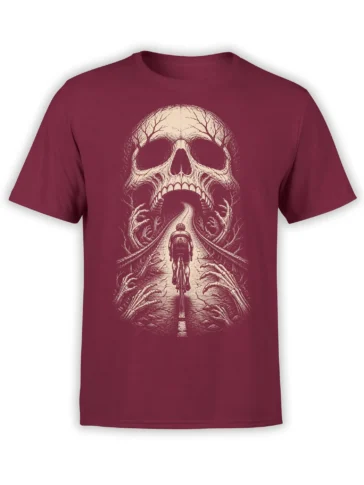 Burgundy skull biker T-shirt with a motorcycle rider heading toward a giant skull and skeletal hands