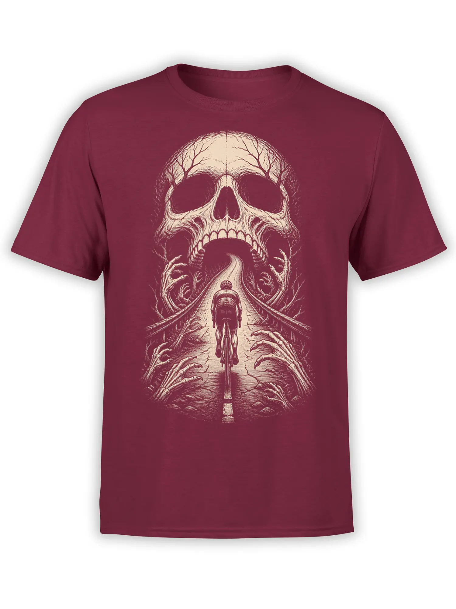 Burgundy skull biker T-shirt with a motorcycle rider heading toward a giant skull and skeletal hands