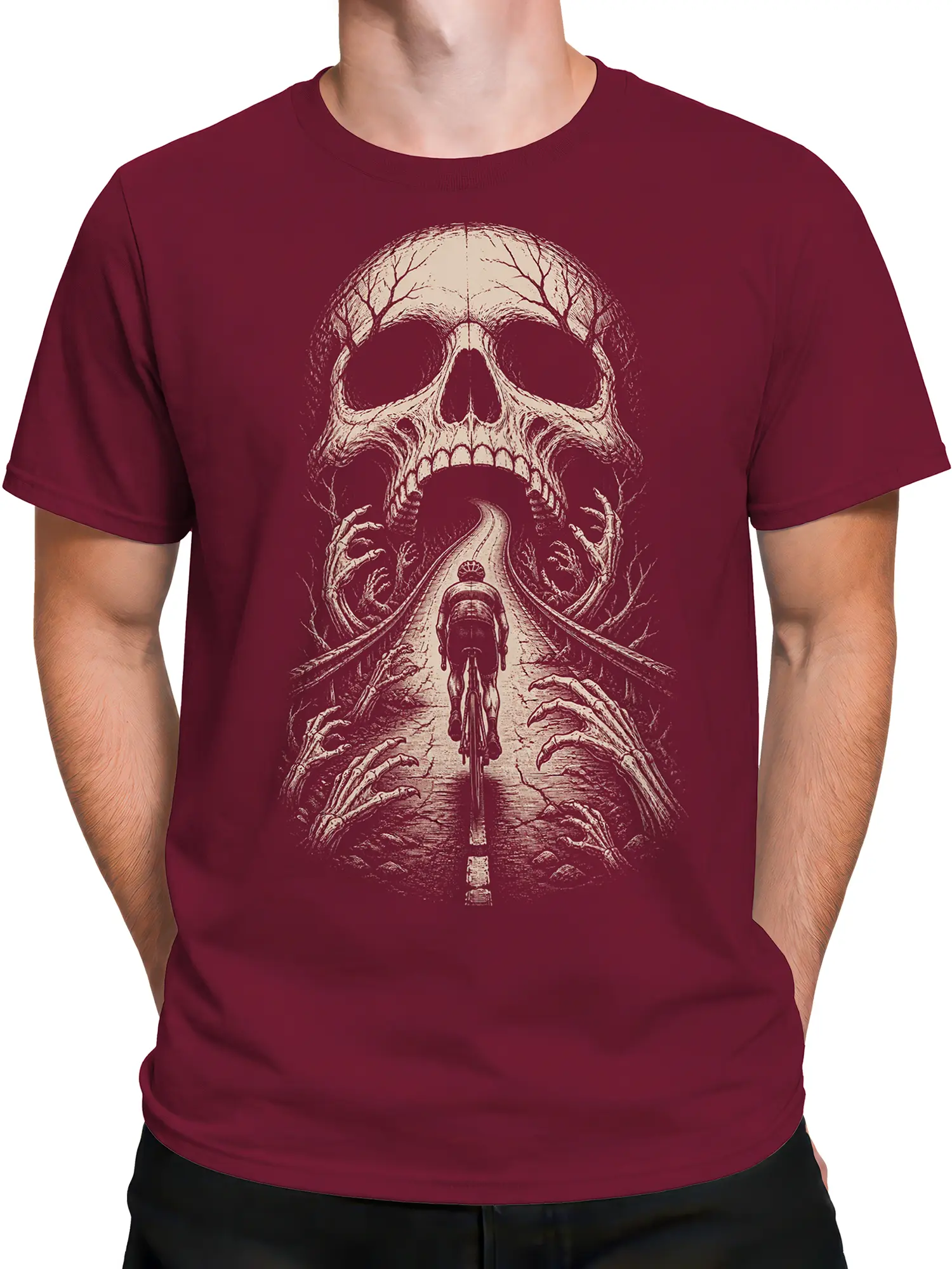 Male torso wearing a burgundy skull biker T-shirt with a dark road and skeletal hands