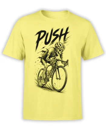Yellow cycling T-shirt with a grinning skeleton rider, bicycle, helmet, and bold black PUSH lettering