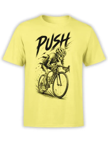 Yellow cycling T-shirt with a grinning skeleton rider, bicycle, helmet, and bold black PUSH lettering