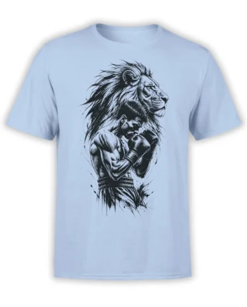Light blue boxing T-shirt with a focused boxer in gloves and a powerful lion graphic behind him