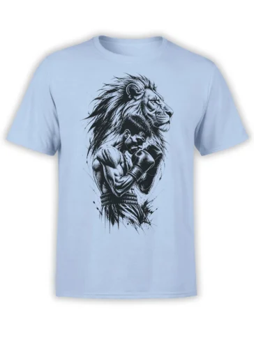 Light blue boxing T-shirt with a focused boxer in gloves and a powerful lion graphic behind him
