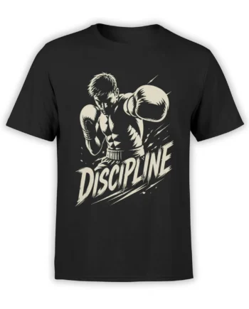 Black boxing T-shirt with monochrome boxer wearing gloves above bold DISCIPLINE lettering
