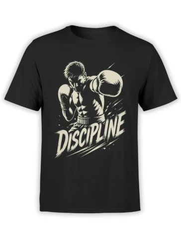 Black boxing T-shirt with monochrome boxer wearing gloves above bold DISCIPLINE lettering