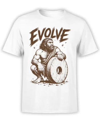 White T-shirt with a bearded caveman beside a stone wheel and bold distressed EVOLVE lettering