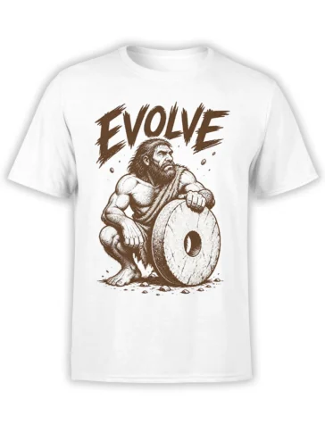 White T-shirt with a bearded caveman beside a stone wheel and bold distressed EVOLVE lettering