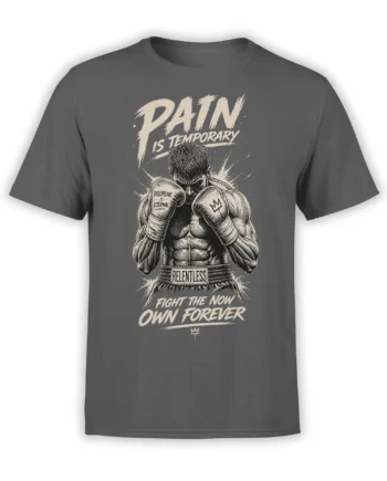 Gray boxing T-shirt with vintage boxer artwork, raised gloves, crown symbols, and bold discipline lettering