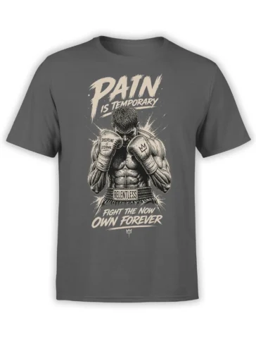 Gray boxing T-shirt with vintage boxer artwork, raised gloves, crown symbols, and bold discipline lettering